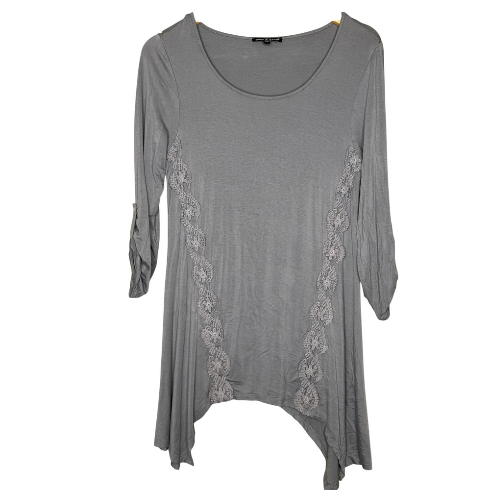 Cable & Gauge Grey Tunic Top Crochet Lace Sharkbite Hem Roll Tab Sleeve Small